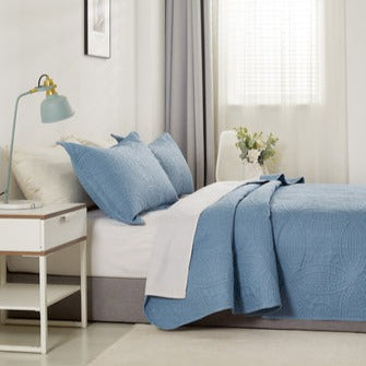 Quilted Embossed Coverlet Set of 3 - Blue Colour
