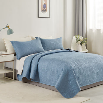 Quilted Embossed Coverlet Set of 3 - Blue Colour