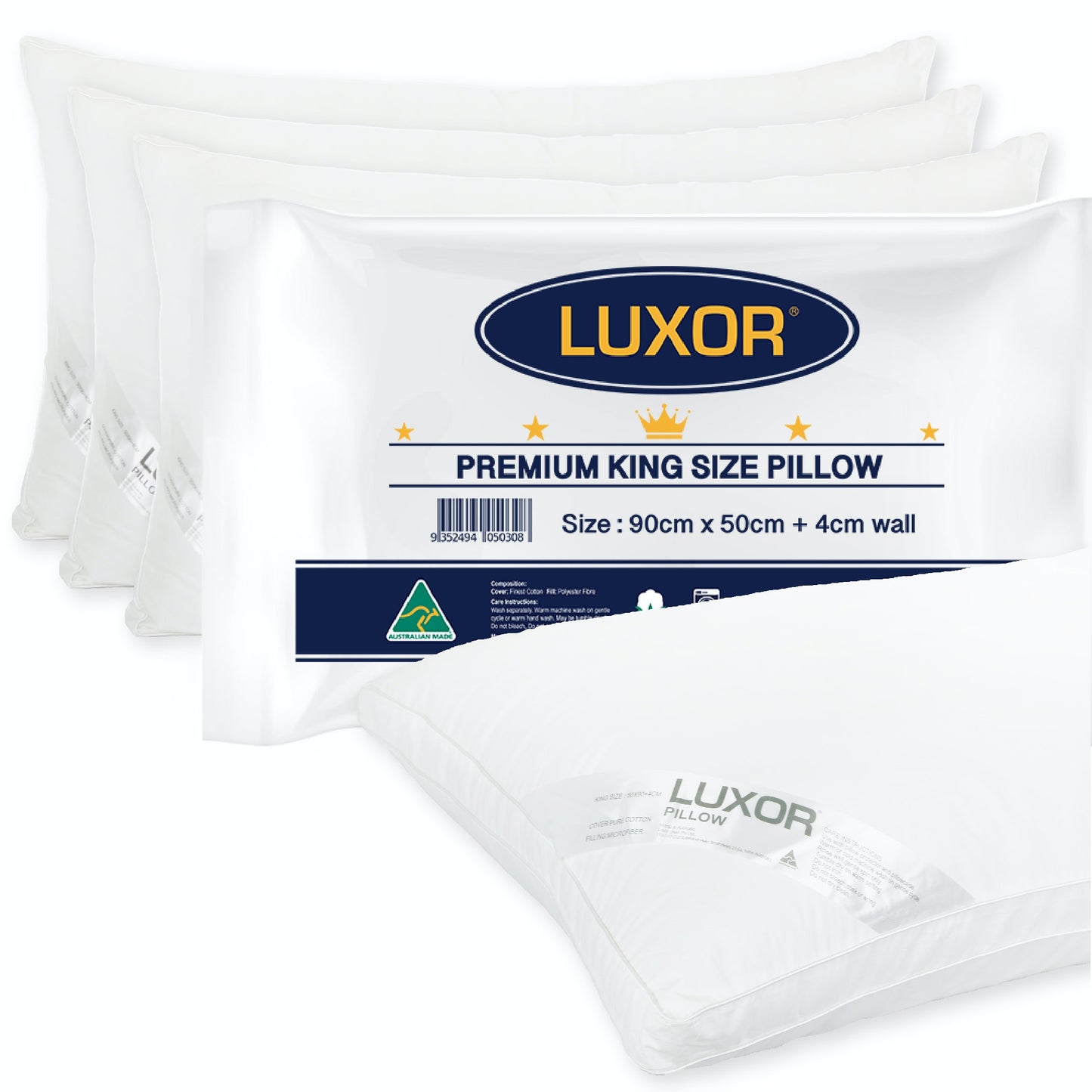 Luxor Australian Made Hotel - King Size Pillow with 4cm Wall - 1 Pack, 2 Pack, 4 Pack