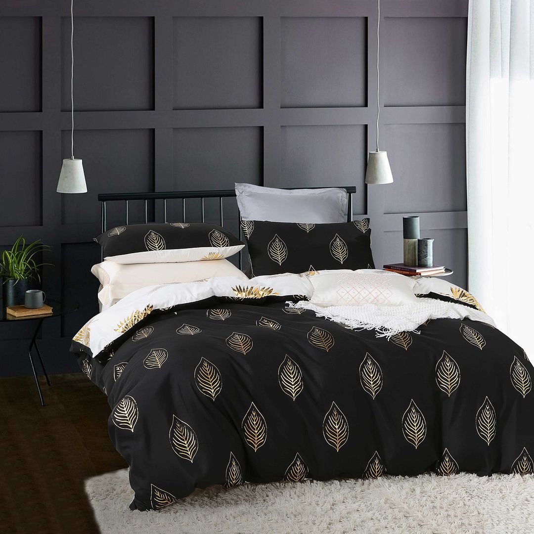 Feather Design Reversible Black Gold Quilt Cover Set