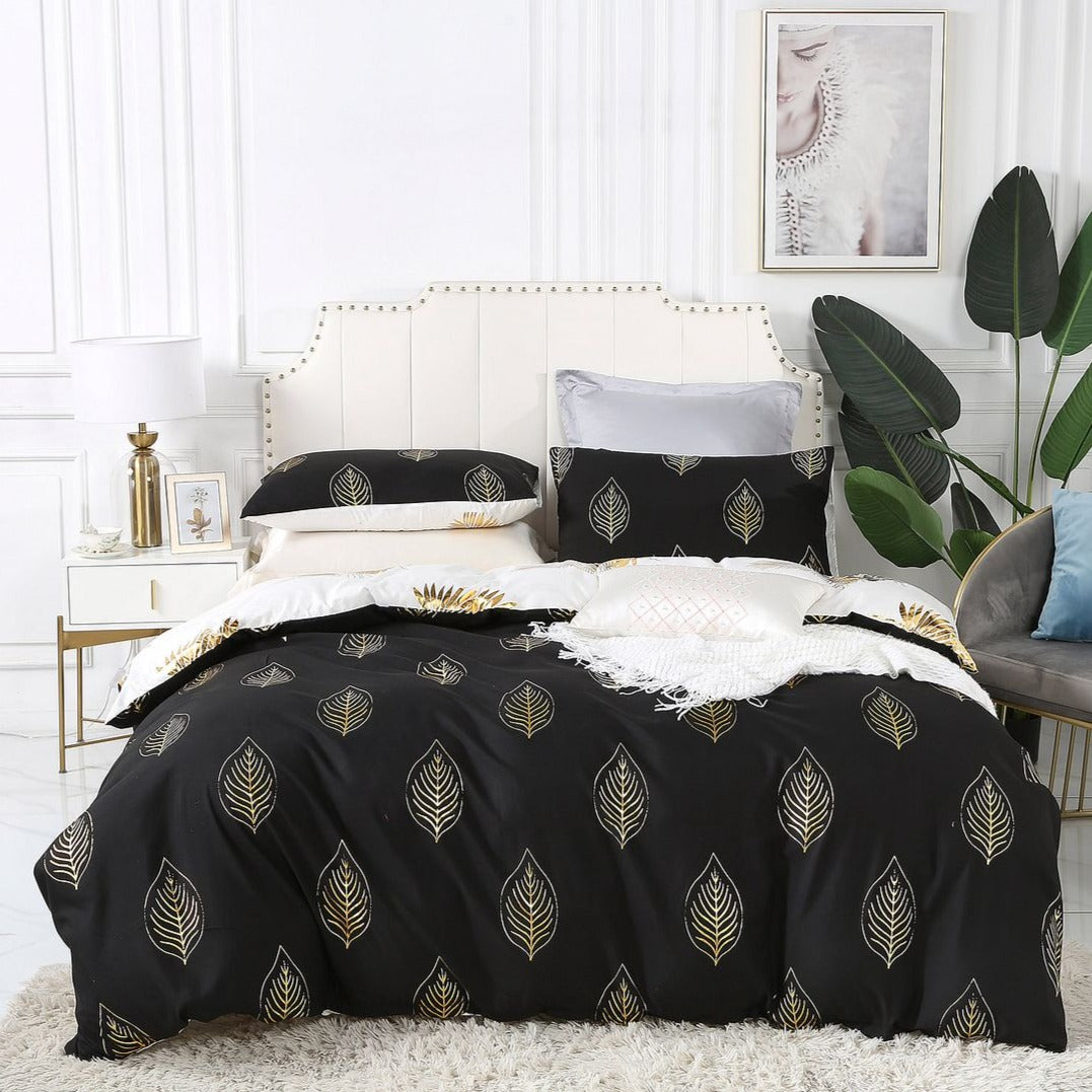 Feather Design Reversible Black Gold Quilt Cover Set