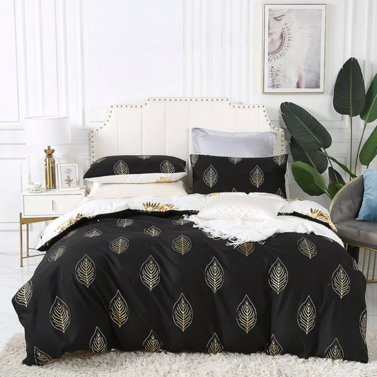 Feather Design Reversible Black Gold Quilt Cover Set