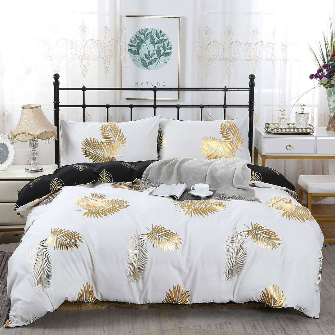 Feather Design Reversible Black Gold Quilt Cover Set